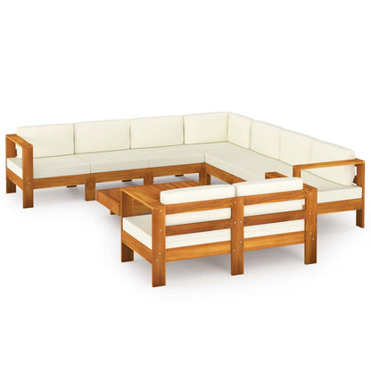 Set Divani Giardino 9 pz Cuscini Bianco Crema in Legno d'Acacia