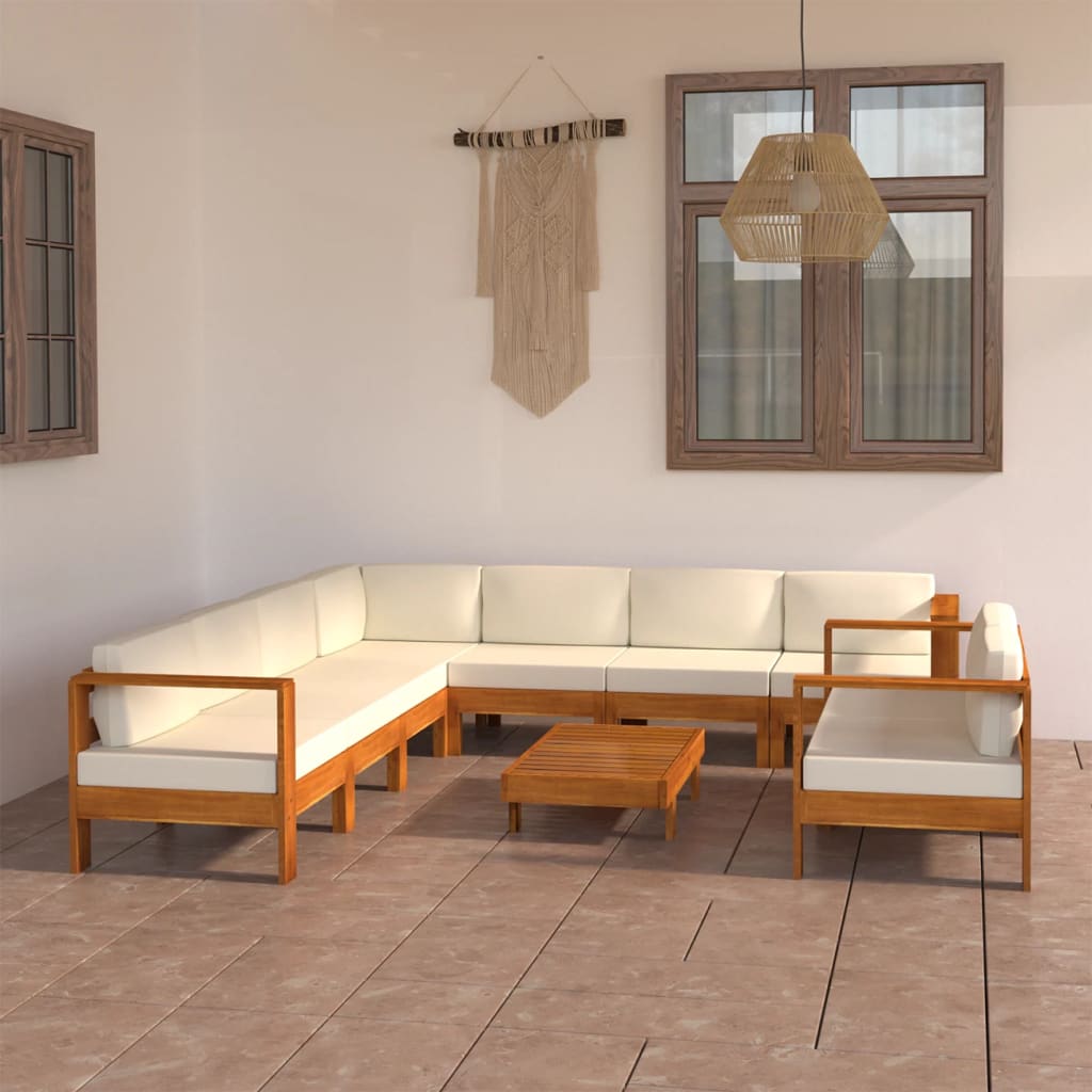 Set Divani Giardino 9 pz Cuscini Bianco Crema in Legno d'Acacia