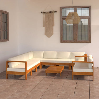 Set Divani Giardino 9 pz Cuscini Bianco Crema in Legno d'Acacia