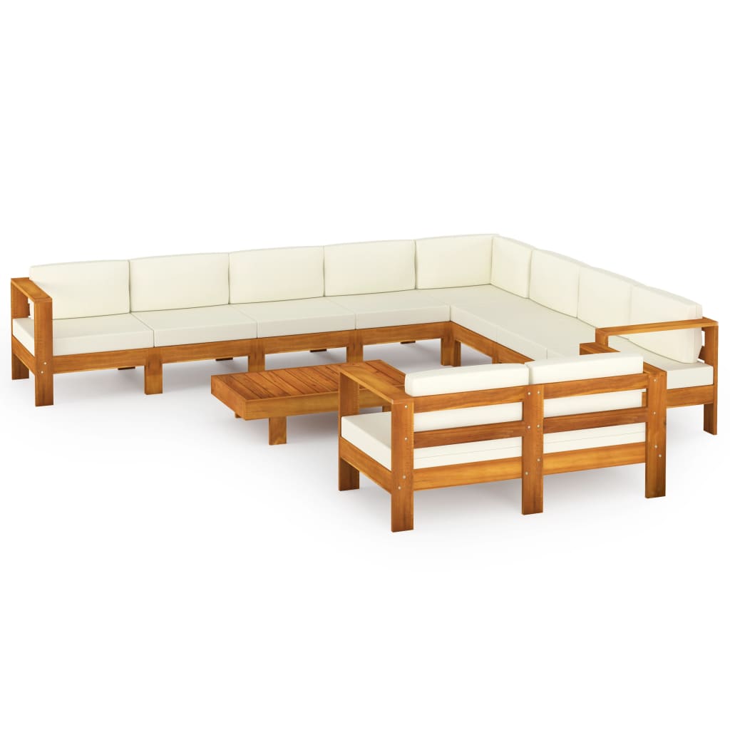 Set Divani Giardino 10 pz Cuscini Bianco Crema Legno d'Acacia