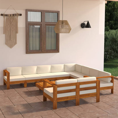 Set Divani Giardino 10 pz Cuscini Bianco Crema Legno d'Acacia