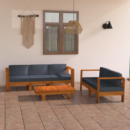 Set Divani Giardino 5 Posti Cuscini Grigi Scuro Massello Acacia