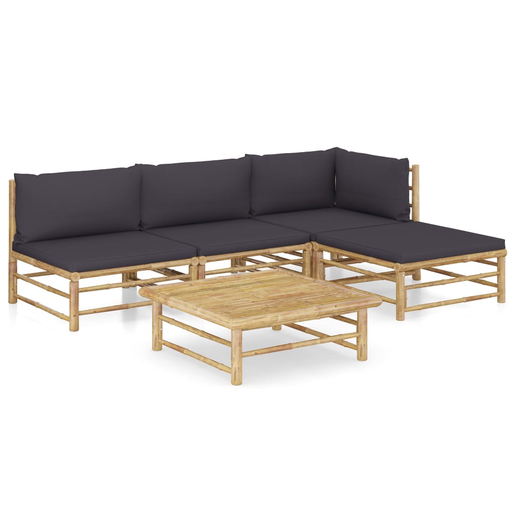 Set Divani da Giardino 5 pz con Cuscini Grigio Scuro in BambÃƒÆ’Ã‚Â¹