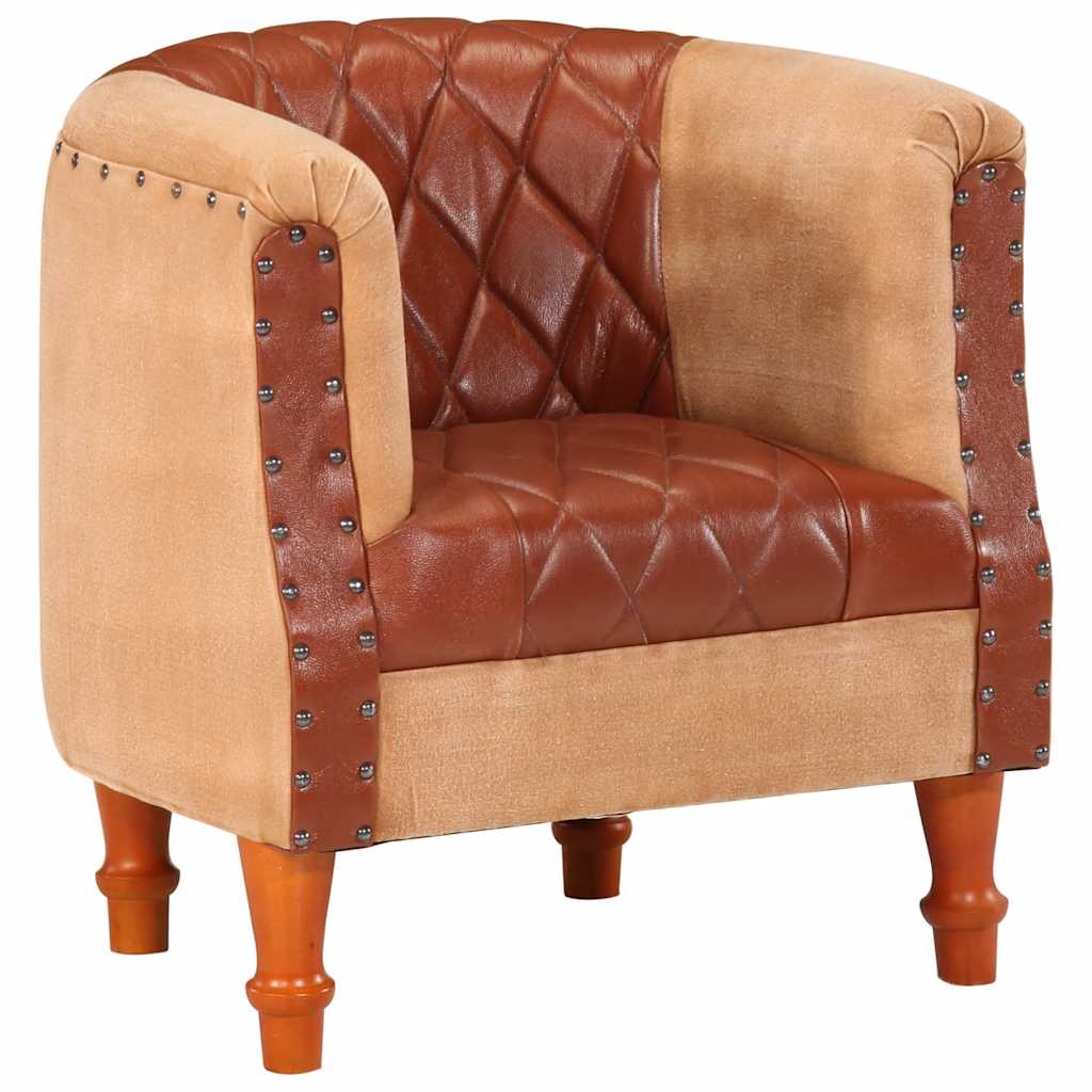 Poltrona a Pozzetto Marrone Vera Pelle e Legno Massello Mango