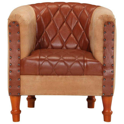 Poltrona a Pozzetto Marrone Vera Pelle e Legno Massello Mango