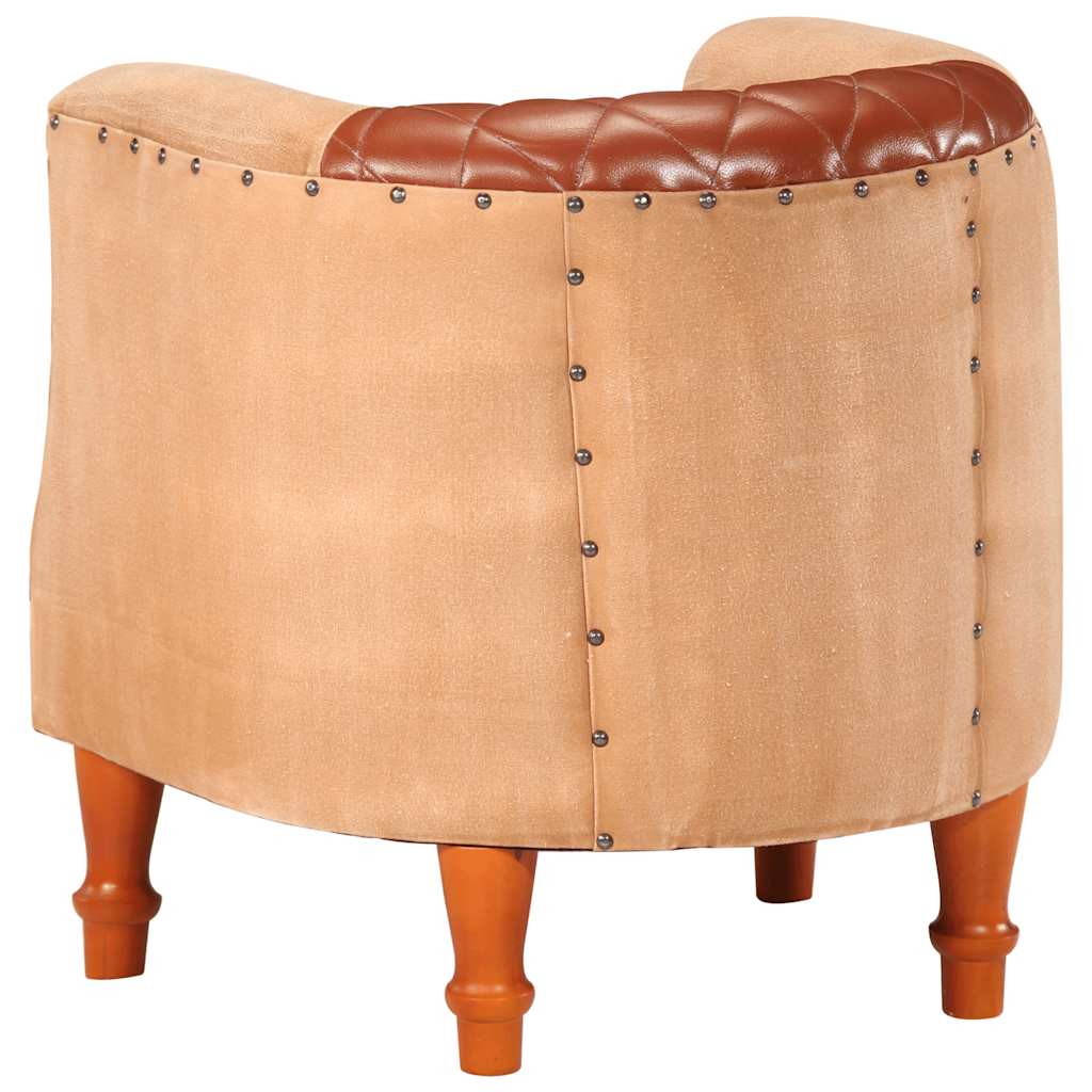 Poltrona a Pozzetto Marrone Vera Pelle e Legno Massello Mango