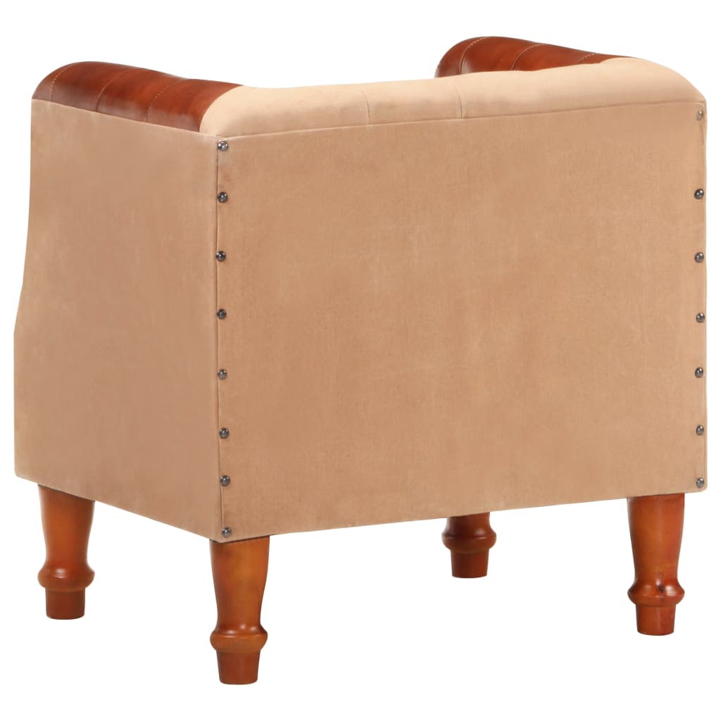 Poltrona a Pozzetto Marrone Vera Pelle e Legno Massello Mango