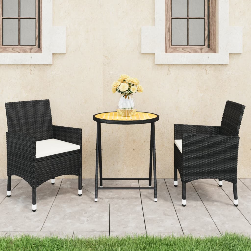 Set da Bistrot per Giardino 3 pz in Polyrattan e Acacia Nero