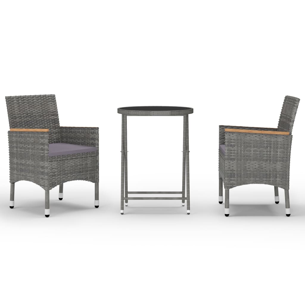 Set Bistrot Giardino 3 pz Polyrattan e Vetro Temperato Grigio