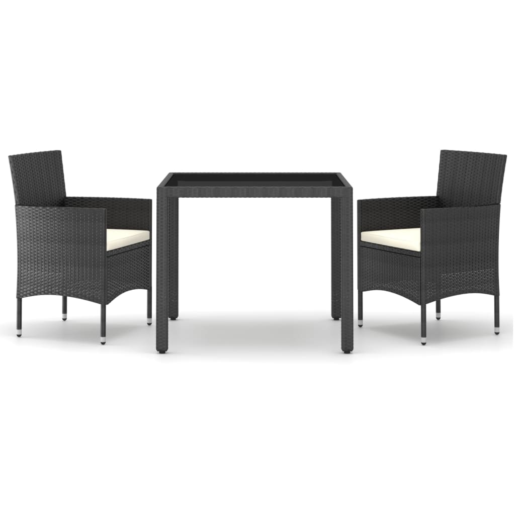 Set Pranzo da Giardino 3 pz  Polyrattan e Vetro Temperato Nero