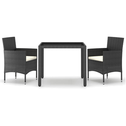 Set Pranzo da Giardino 3 pz  Polyrattan e Vetro Temperato Nero