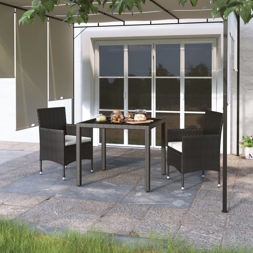 Set Pranzo da Giardino 3 pz  Polyrattan e Vetro Temperato Nero