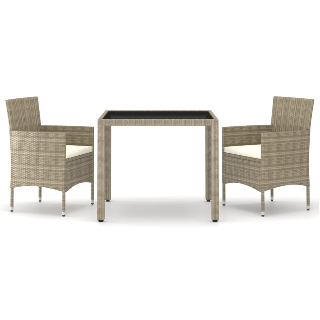 Set Pranzo da Giardino 3 pz Polyrattan e Vetro Temperato Beige