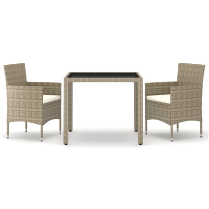 Set Pranzo da Giardino 3 pz Polyrattan e Vetro Temperato Beige
