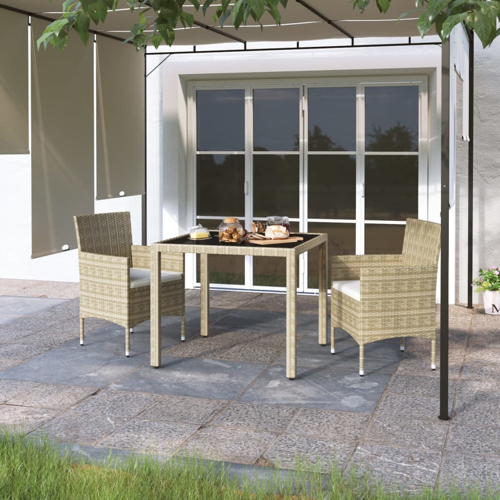 Set Pranzo da Giardino 3 pz Polyrattan e Vetro Temperato Beige