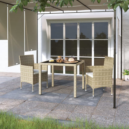 Set Pranzo da Giardino 3 pz Polyrattan e Vetro Temperato Beige
