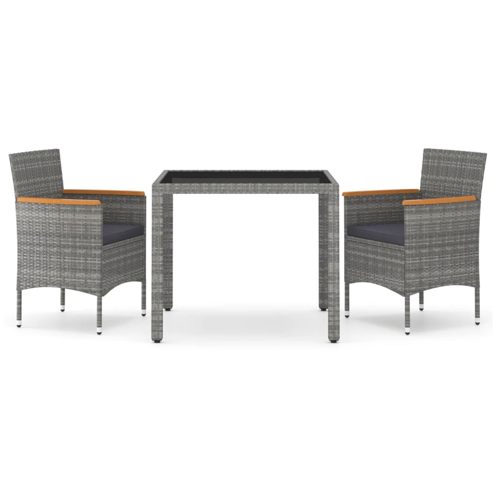 Set Pranzo da Giardino 3 pz Polyrattan e Vetro Temperato Grigio
