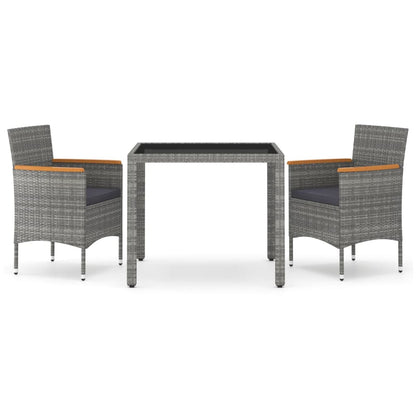 Set Pranzo da Giardino 3 pz Polyrattan e Vetro Temperato Grigio