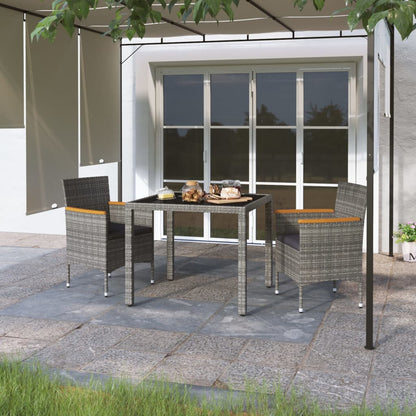 Set Pranzo da Giardino 3 pz Polyrattan e Vetro Temperato Grigio