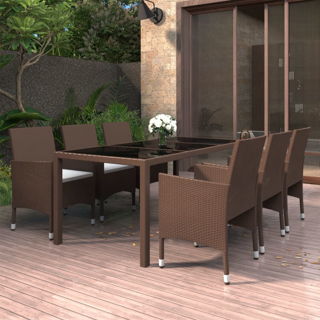 Set Pranzo da Giardino 7pz Polyrattan e Vetro Temperato Marrone