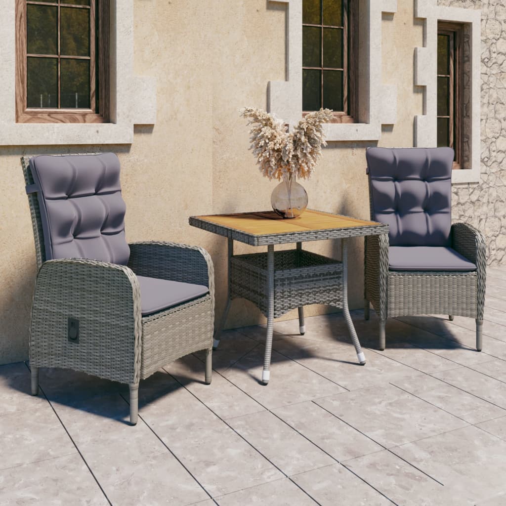 Set da Pranzo da Giardino 3 pz in Polyrattan e Acacia Grigio