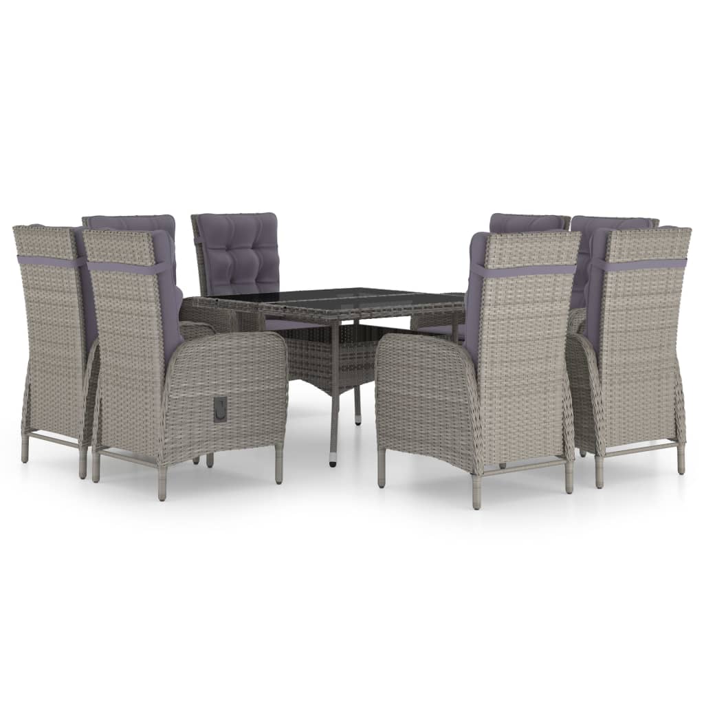 Set da Pranzo per Giardino 9 pz in Polyrattan e Vetro Grigio
