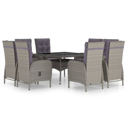 Set da Pranzo per Giardino 9 pz in Polyrattan e Vetro Grigio