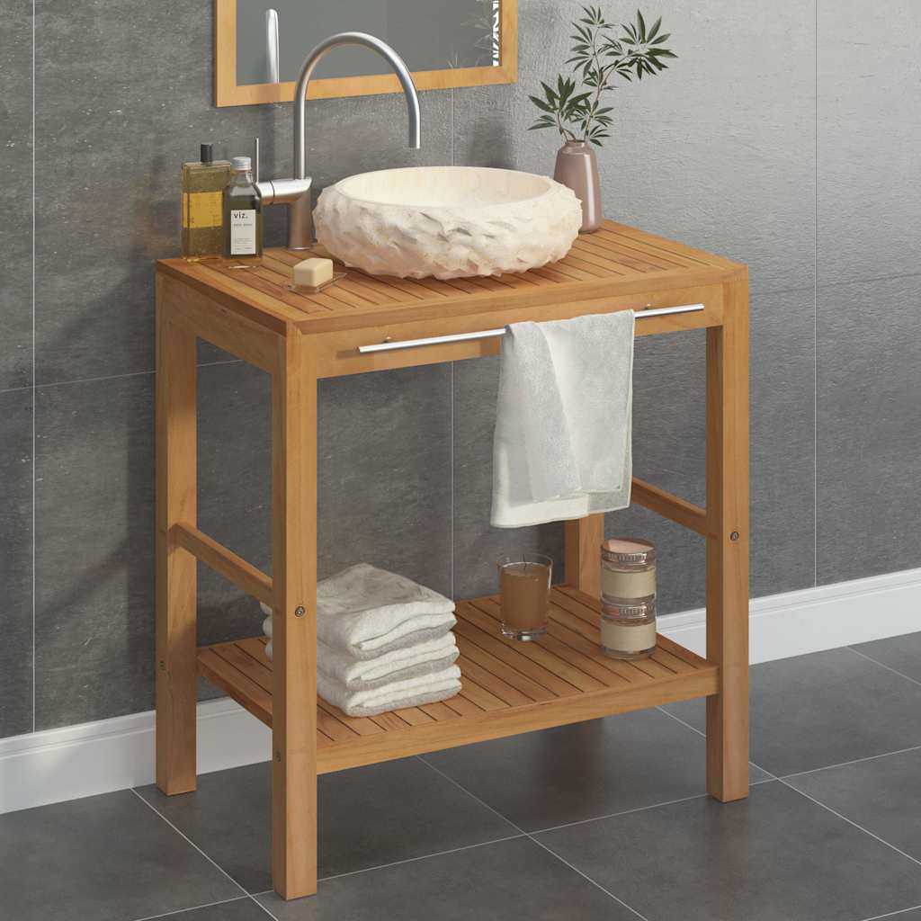Armadietto da Bagno in Legno di Teak con Lavabo in Marmo Crema
