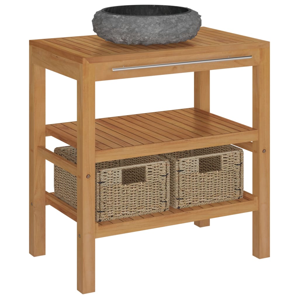 Armadietto da Bagno in Legno di Teak con Lavabo in Marmo Nero