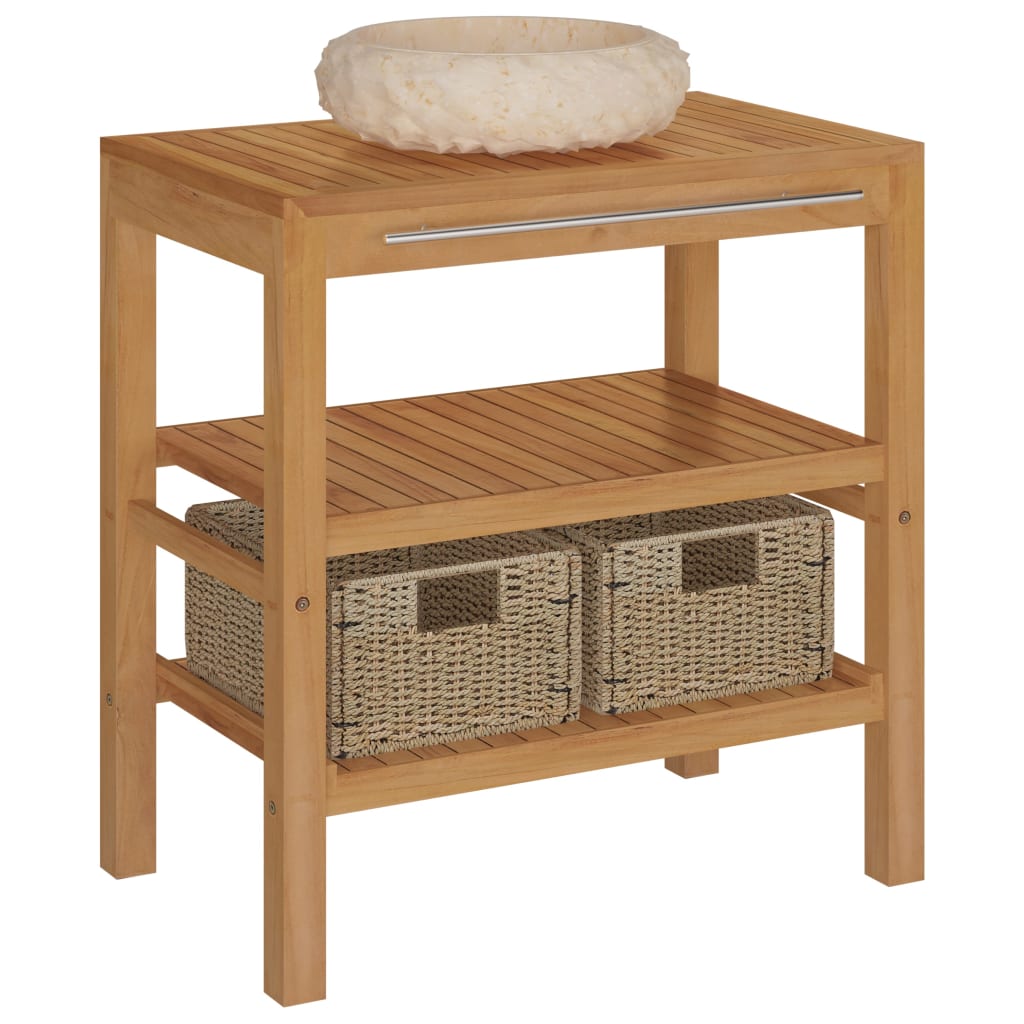 Armadietto da Bagno in Legno di Teak con Lavabo in Marmo Crema