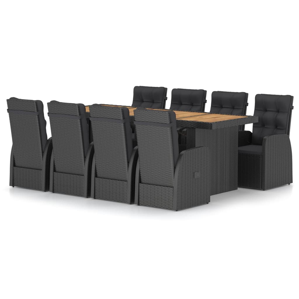 Set da Pranzo da Giardino 9 pz con Cuscini in Polyrattan Nero