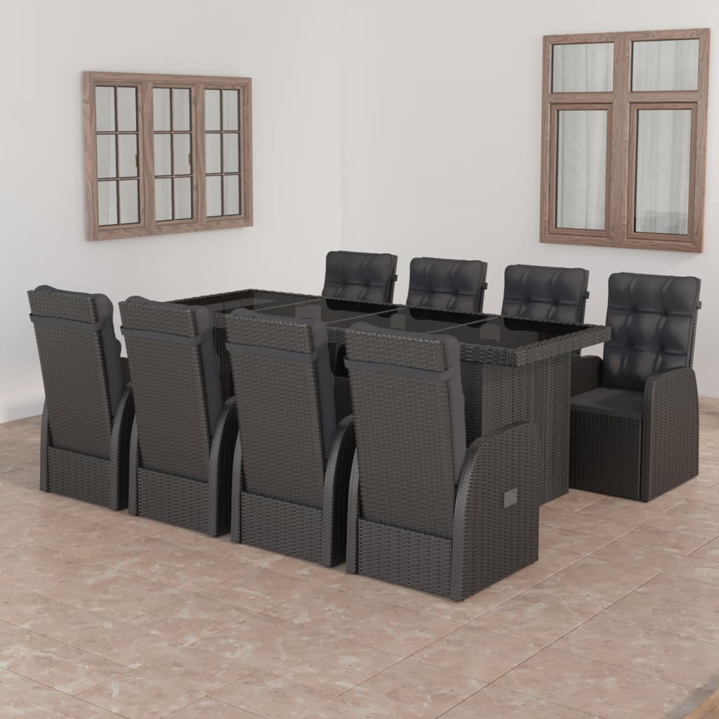 Set da Pranzo da Giardino 9 pz con Cuscini in Polyrattan Nero