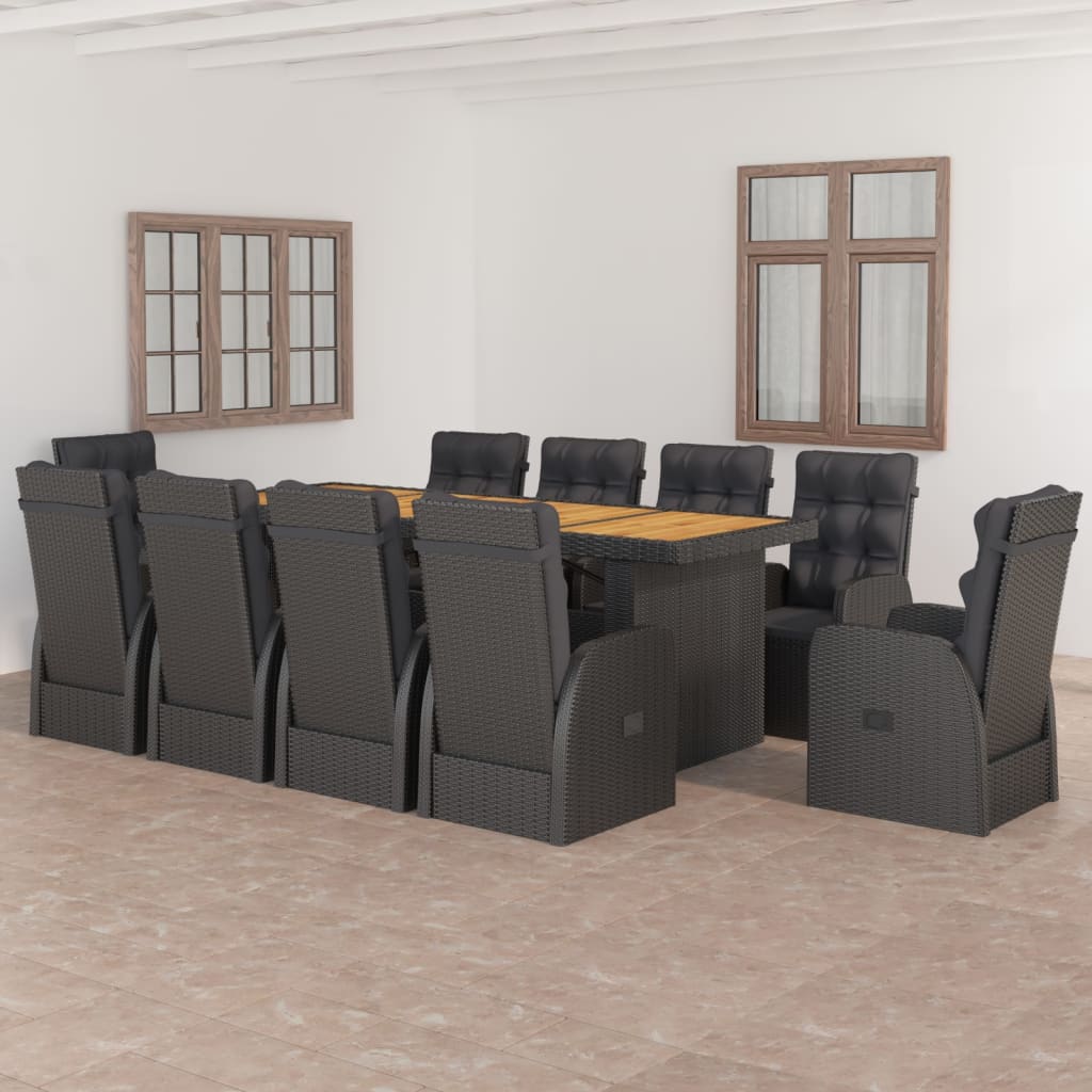Set da Pranzo da Giardino 11 pz con Cuscini in Polyrattan Nero