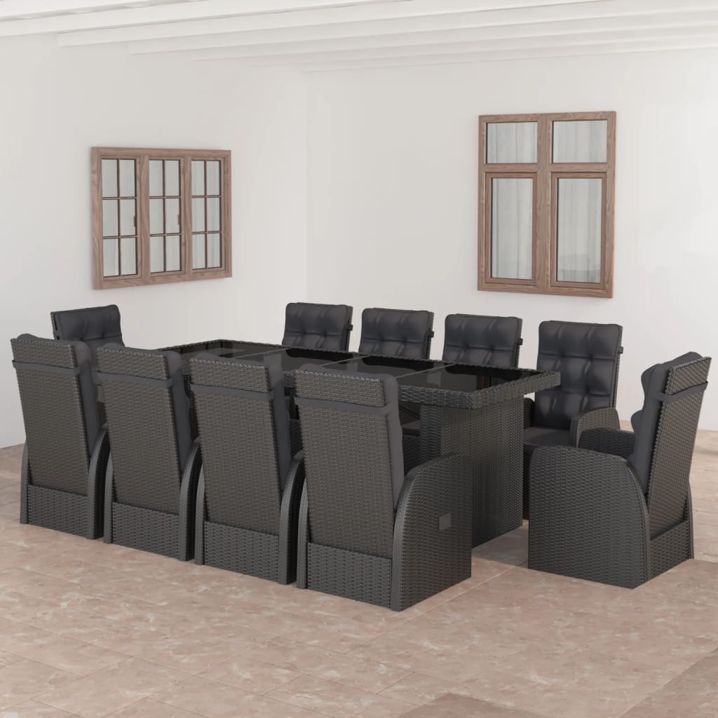 Set da Pranzo da Giardino 11 pz con Cuscini in Polyrattan Nero