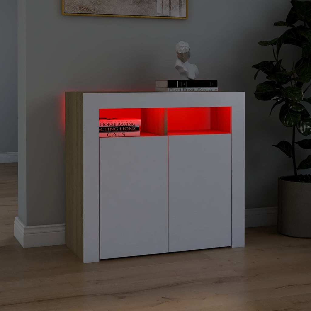 Credenza con Luci LED Bianco e Rovere Sonoma 80x35x75 cm