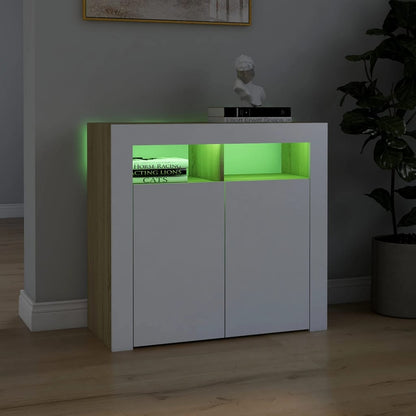 Credenza con Luci LED Bianco e Rovere Sonoma 80x35x75 cm