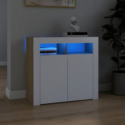 Credenza con Luci LED Bianco e Rovere Sonoma 80x35x75 cm