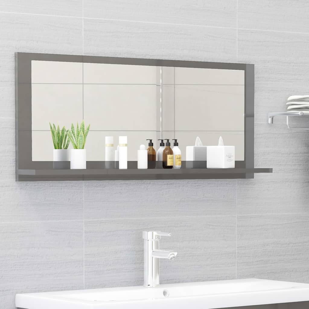 Specchio da Bagno Grigio Lucido 90x10,5x37 cm Legno Multistrato