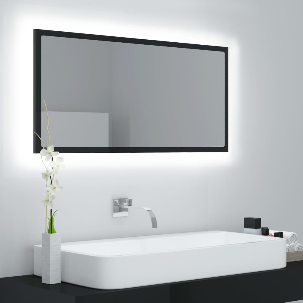 Specchio da Bagno LED Nero Lucido 90x8,5x37 cm in Acrilico