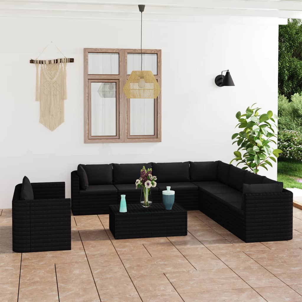 Set Divani da Giardino 11 pz con Cuscini in Polyrattan Nero