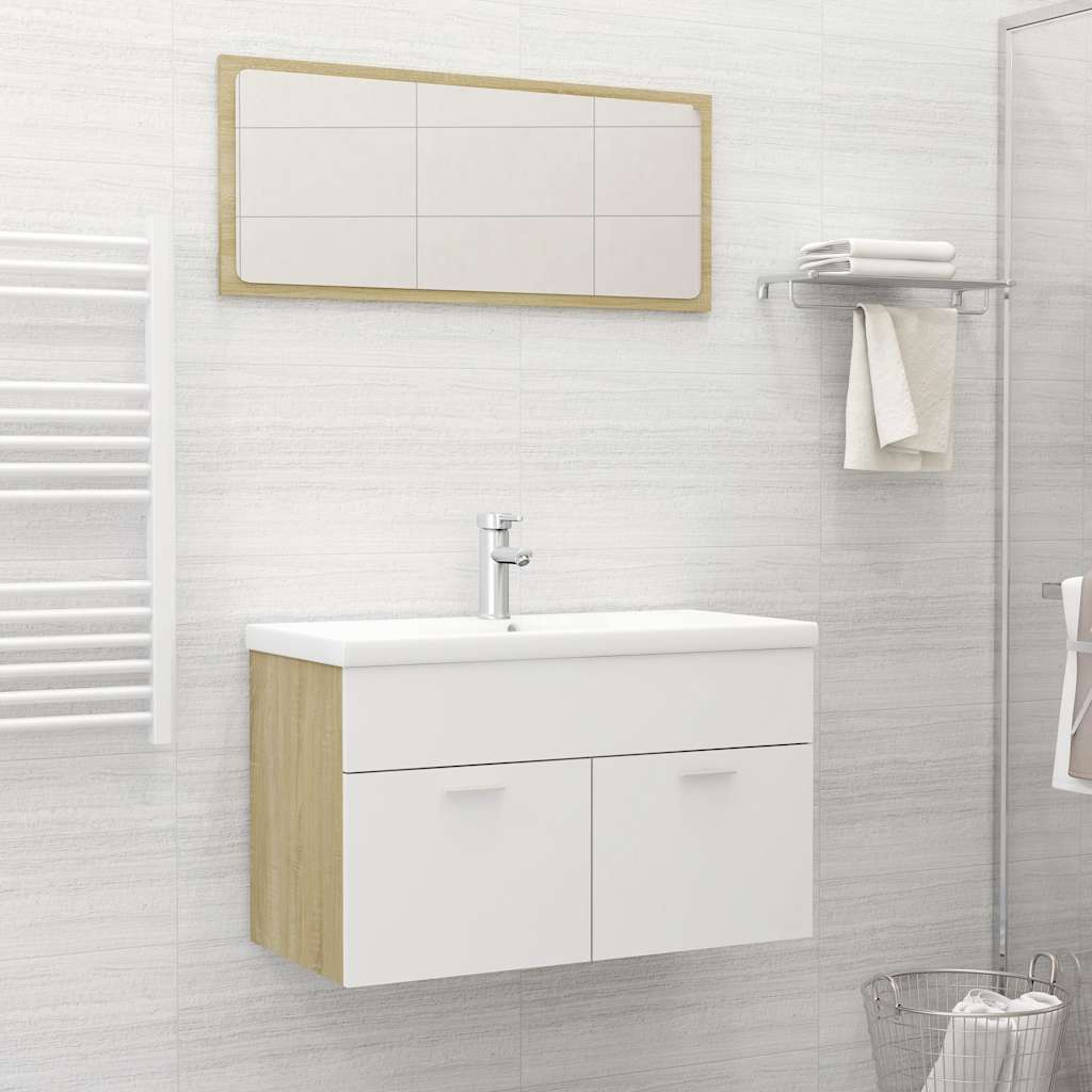 Set Mobili da Bagno 2 pz Bianco e Sonoma in Legno Multistrato