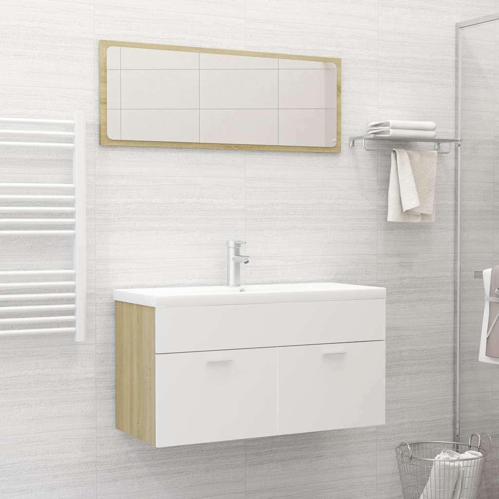 Set Mobili da Bagno 2 pz Bianco e Sonoma in Legno Multistrato