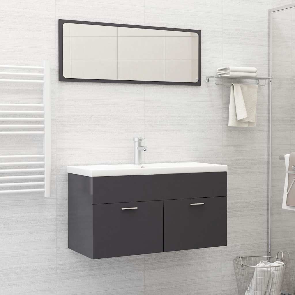 Set Mobili da Bagno 2 pz Grigio Lucido in Legno Multistrato
