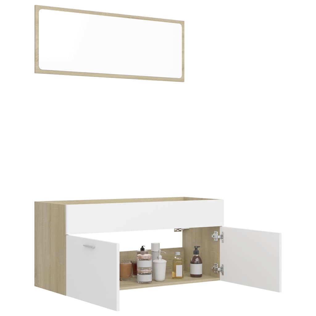 Set Mobili Bagno 2pz Bianco e Rovere Sonoma Legno Multistrato