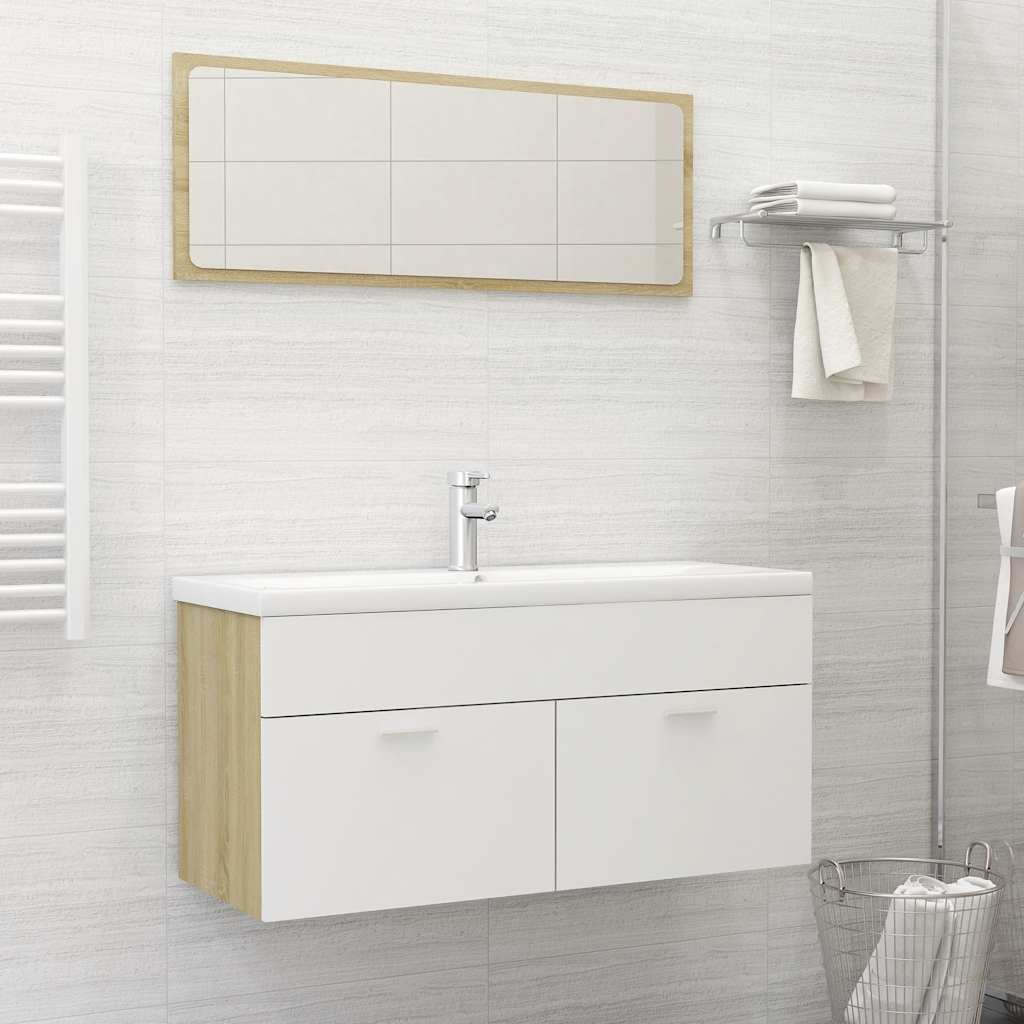 Set Mobili Bagno 2pz Bianco e Rovere Sonoma Legno Multistrato