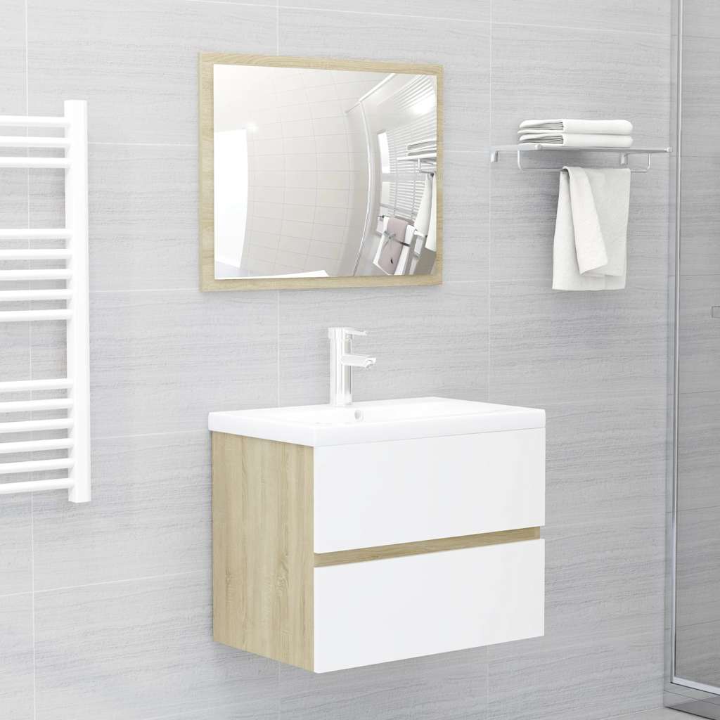 Set Mobili Bagno 2 pz Bianco e Rovere Sonoma Legno Multistrato