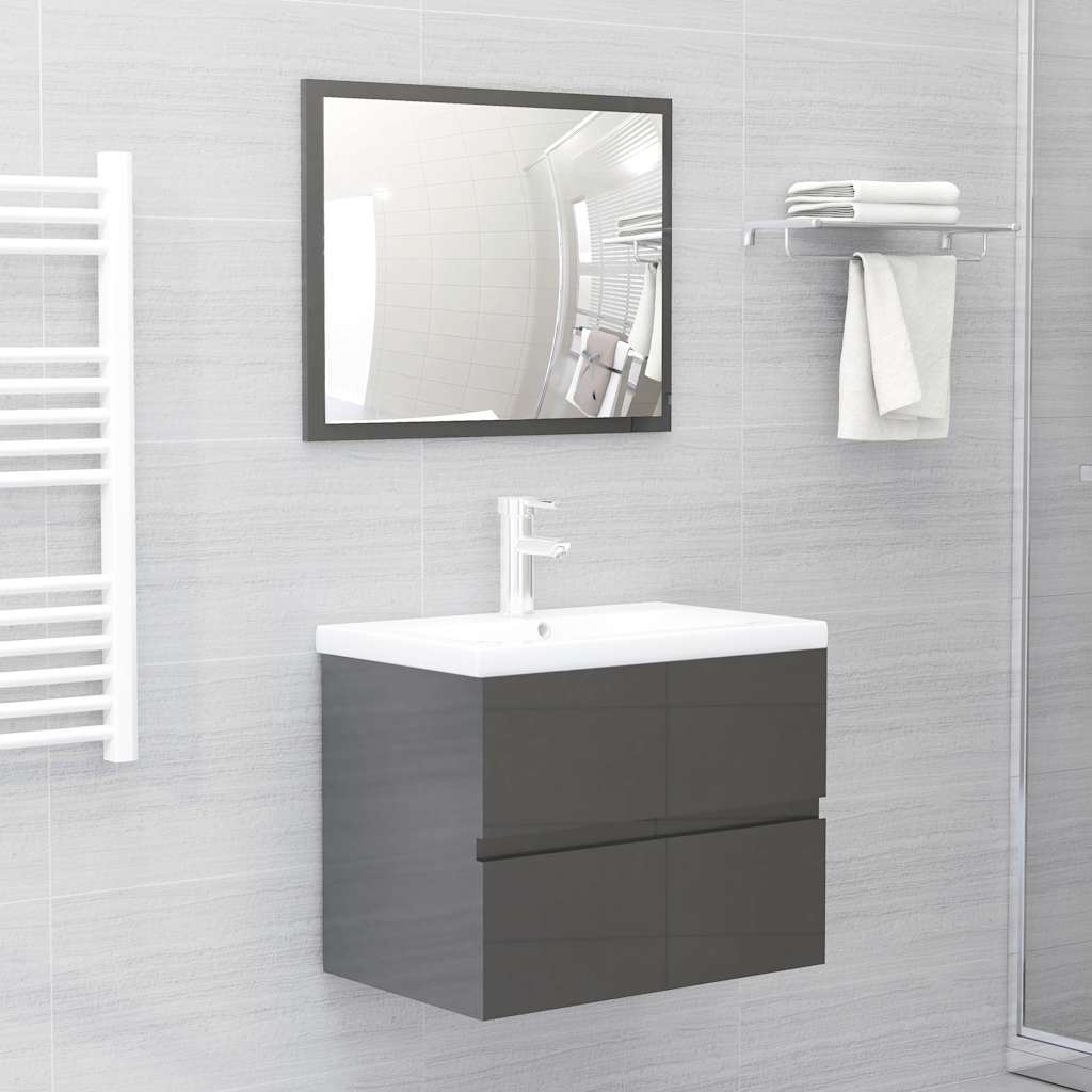 Set Mobili da Bagno 2 pz Grigio Lucido in Legno Multistrato