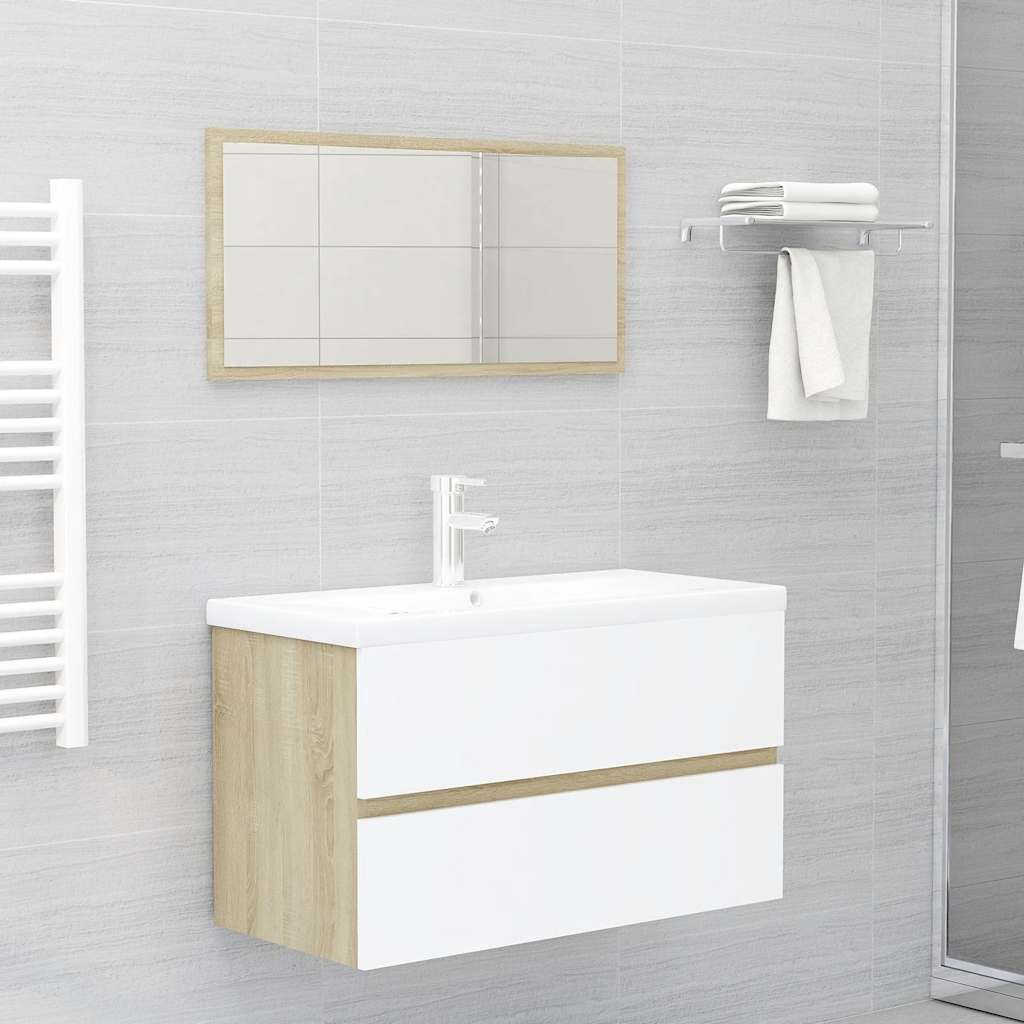 Set Mobili Bagno 2 pz Bianco e Rovere Sonoma Legno Multistrato