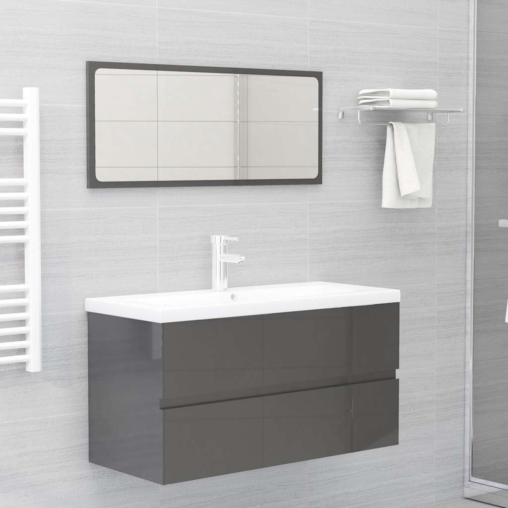 Set Mobili da Bagno 2 pz Grigio Lucido in Legno Multistrato