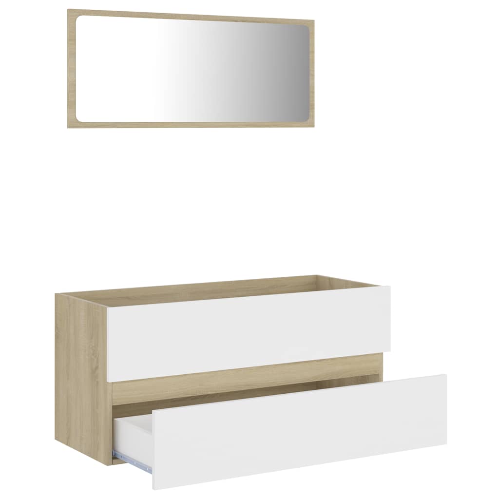 Set Mobili da Bagno 2 pz Bianco e Sonoma in Legno Multistrato